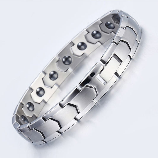 Stainless steel link bracelet with dark round insets and hinged center bar