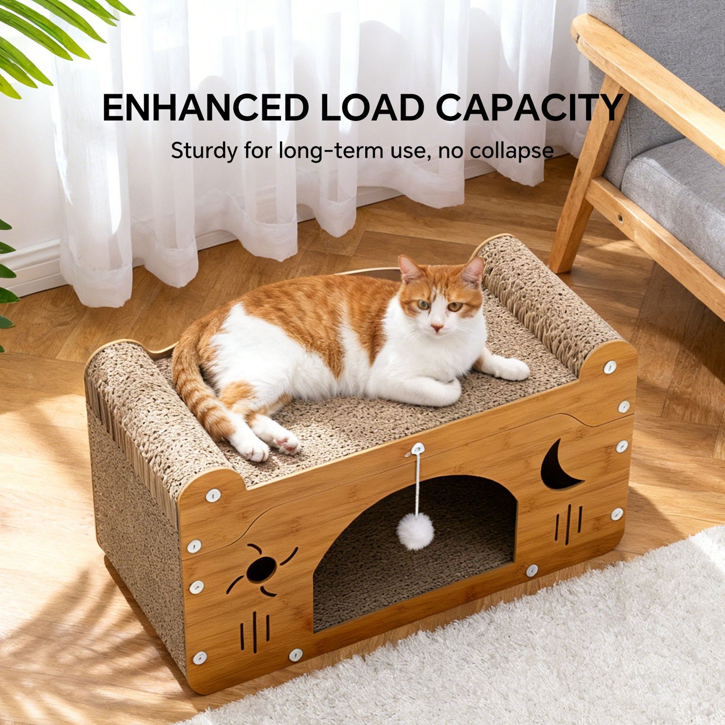 Wooden cat scratcher house with top bed cushion, side scratching panels, and hanging ball
