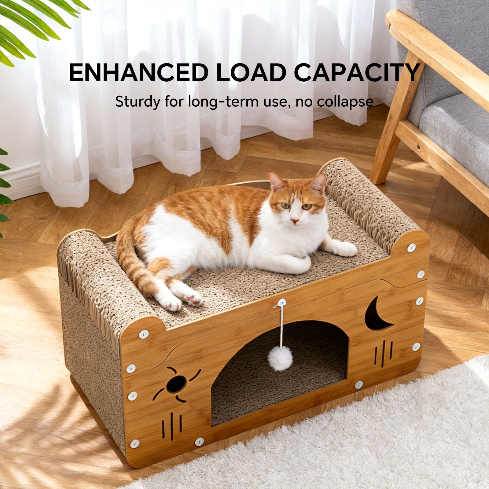 Wooden cat scratcher house with top bed cushion, side scratching panels, and hanging ball