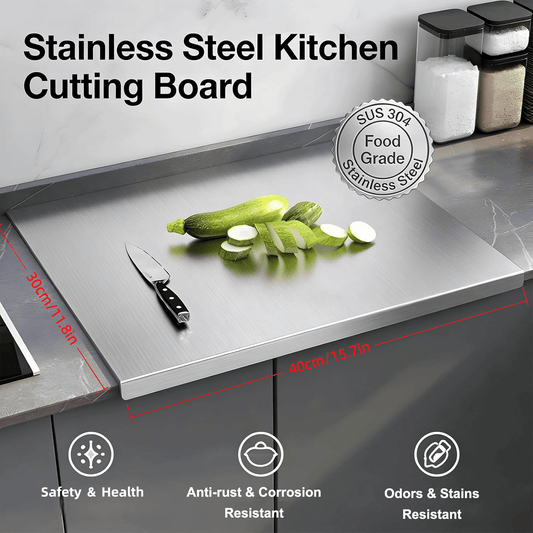 Large stainless steel cutting board with cucumber slices and kitchen knife