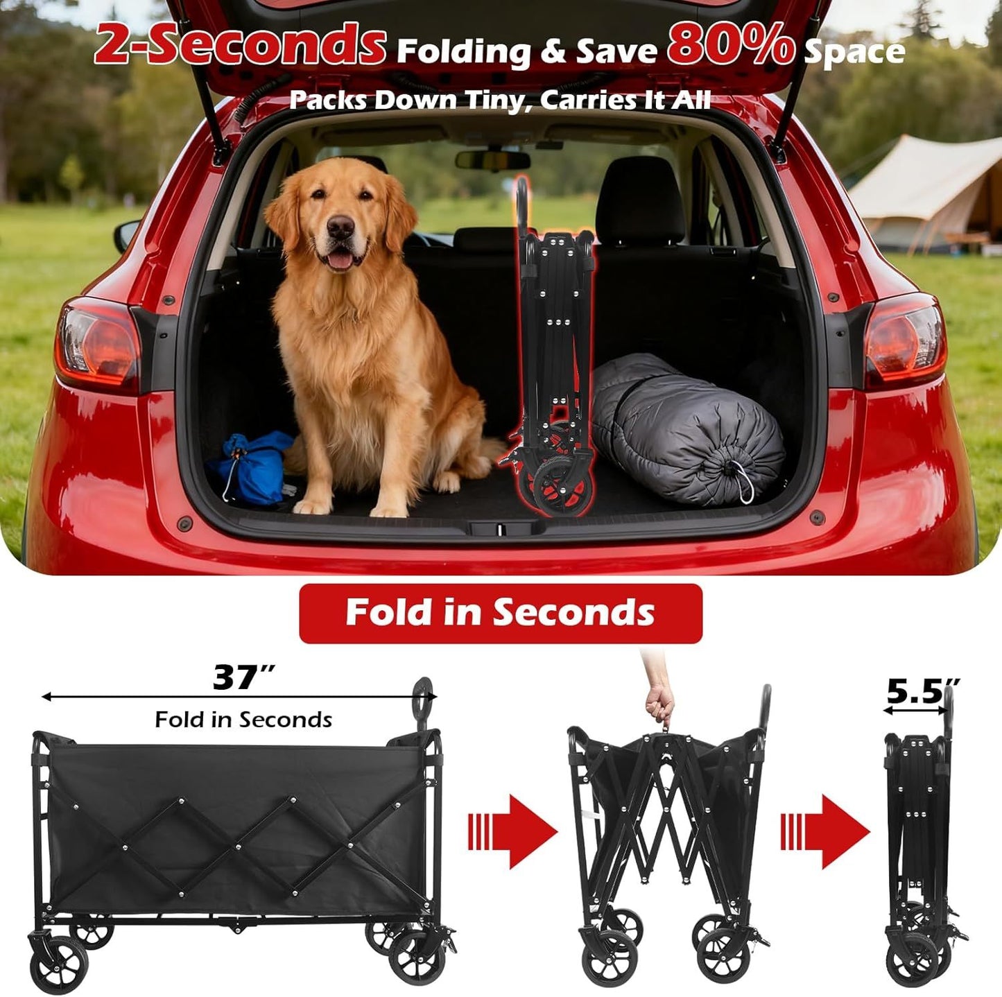 Black folding wagon cart shown compactly folded with four wheels