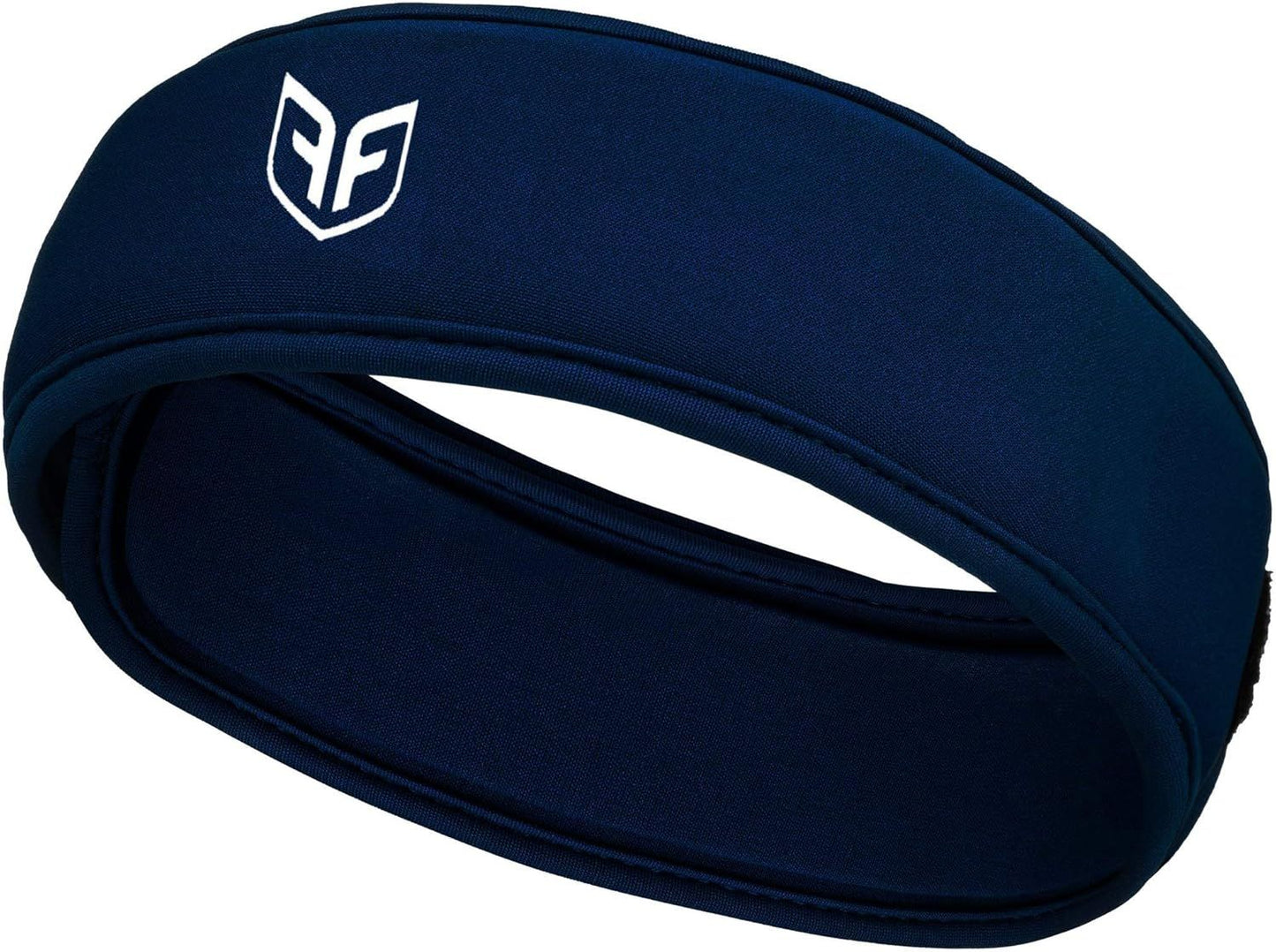 Navy protective headband with PF logo, padded oval design with central cutout