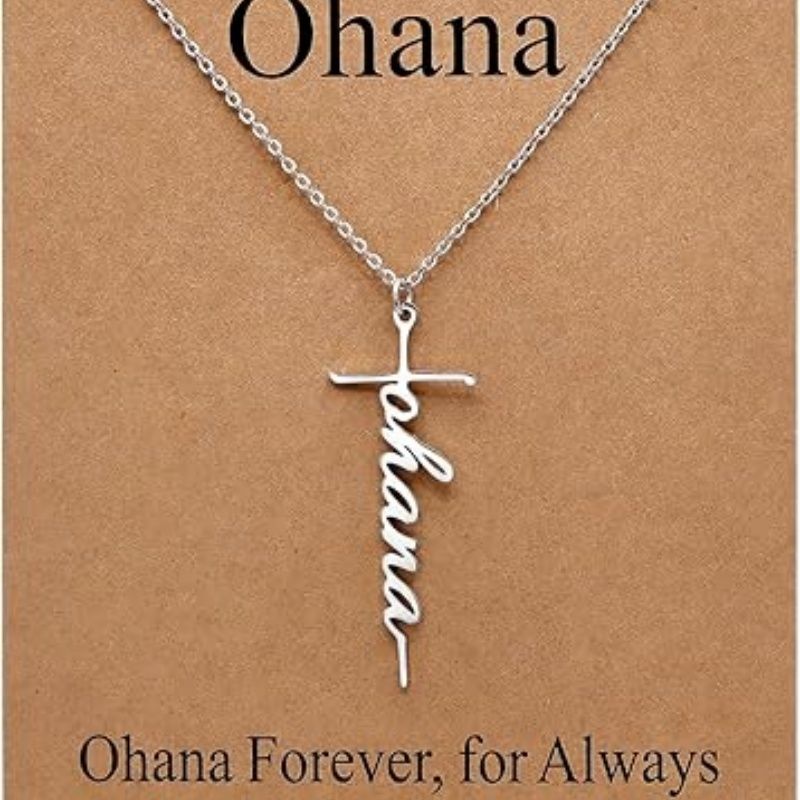 Faith cross pendant necklace with “Ohana” script charm on silver chain