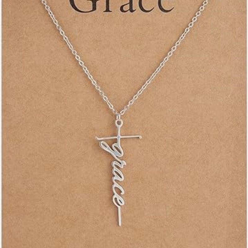 Faith cross pendant necklace with “Grace” script charm on silver chain