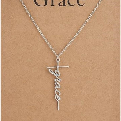 Faith cross pendant necklace with “Grace” script charm on silver chain