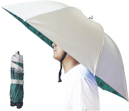 Beige umbrella hat with green camouflage trim, worn over the head with chin cord.