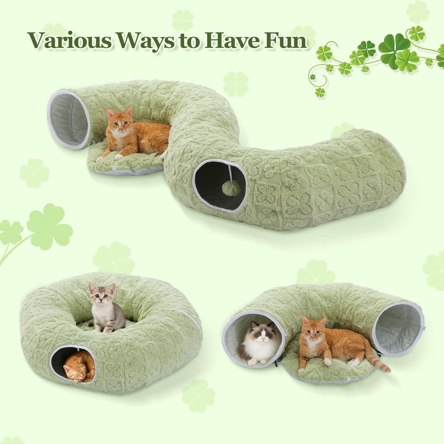 Light green cat donut tunnel bed with plush mat and circular end opening for playing.