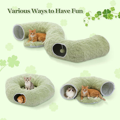 Light green cat donut tunnel bed with plush mat and circular end opening for playing.