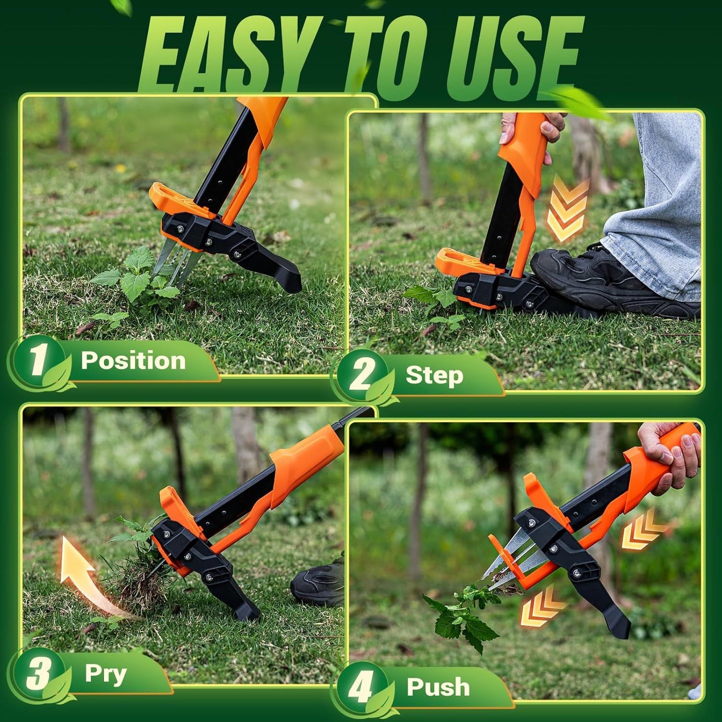 Orange stand-up weed puller with four claws and an easy-eject base