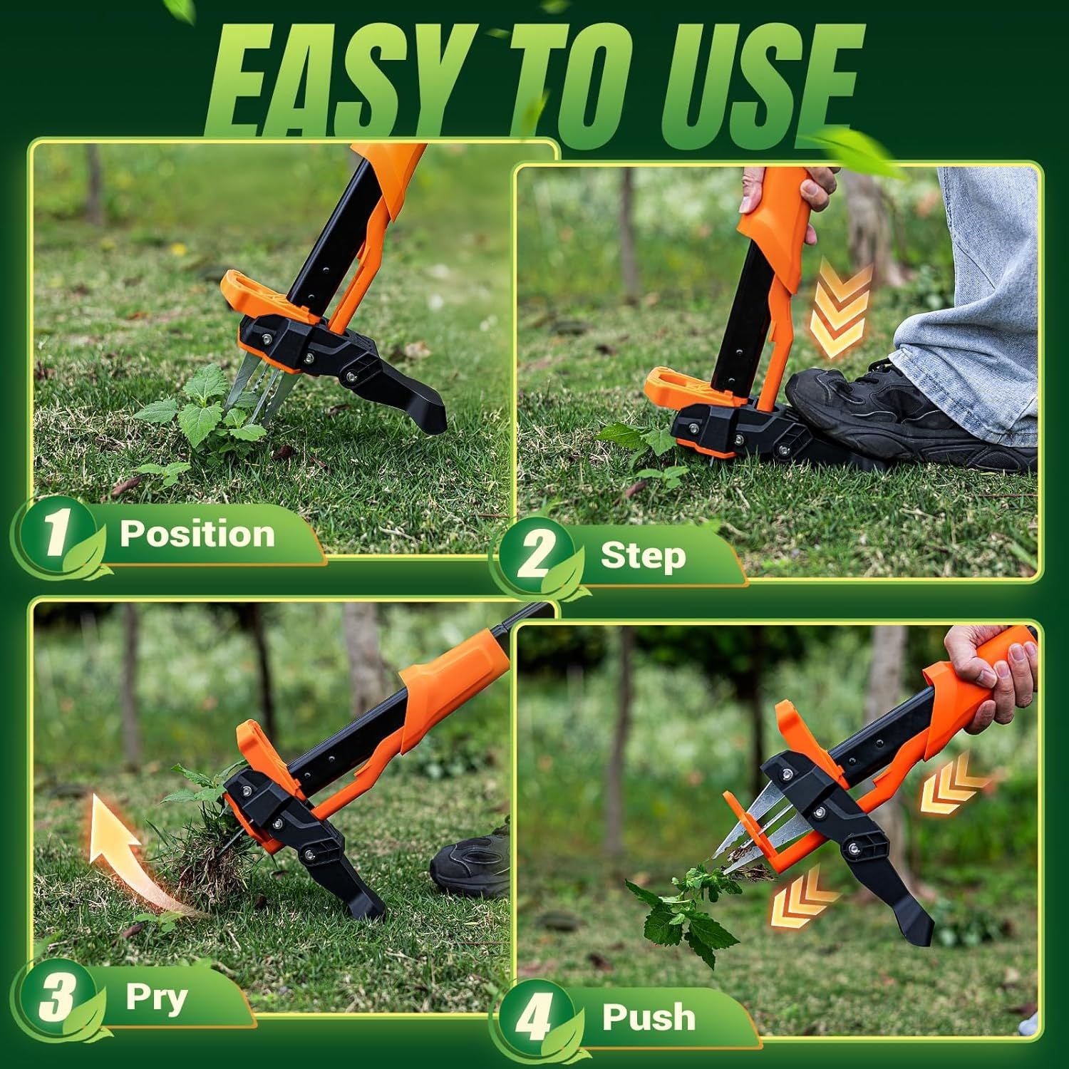Orange stand-up weed puller with four claws and an easy-eject base