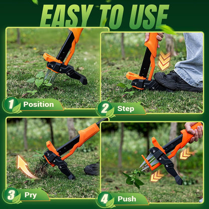Orange stand-up weed puller with four claws and an easy-eject base