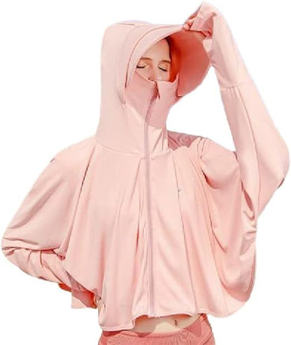 Women’s light pink sun protective hooded jacket with full-zip front, long sleeves