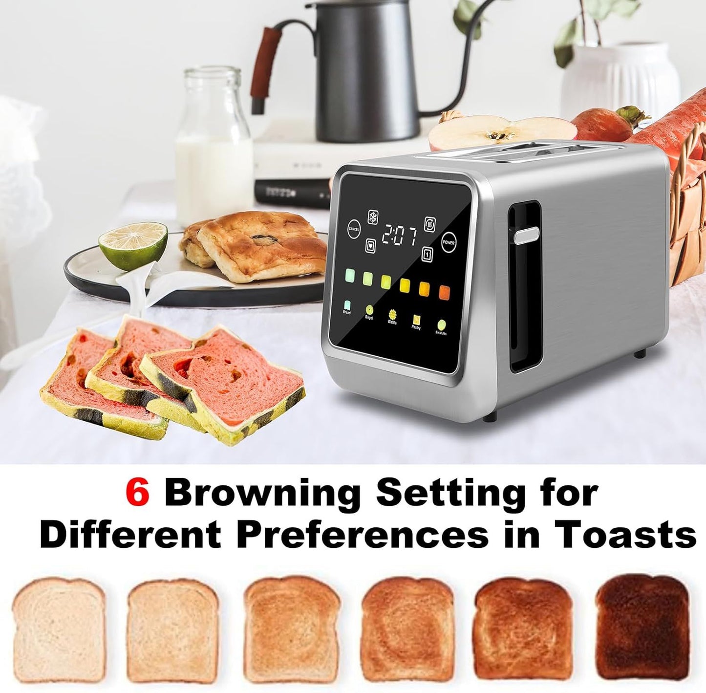 Gray stainless 2-slice toaster with touchscreen control display and single wide slot