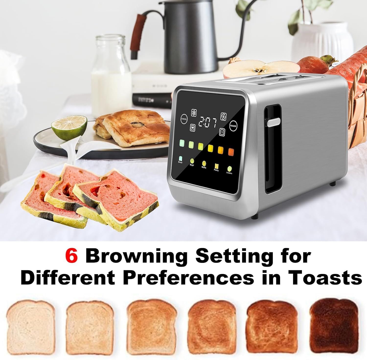 Gray stainless 2-slice toaster with touchscreen control display and single wide slot