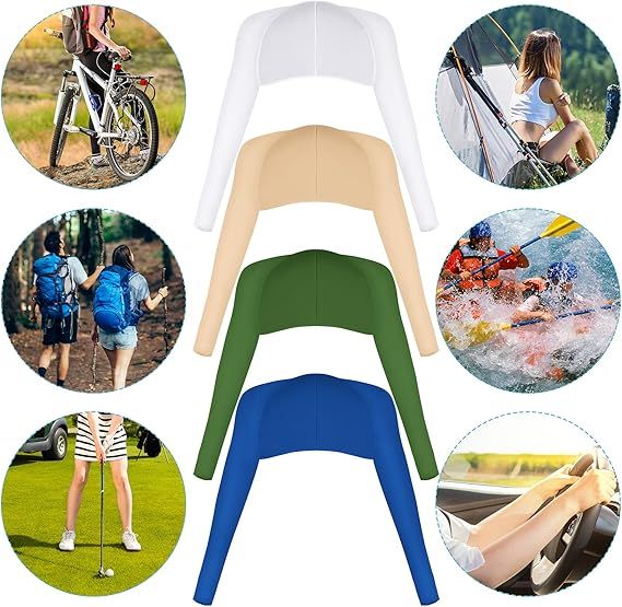 Four cooling sun-protection shawls in white, beige, green, and blue with hooded sleeves