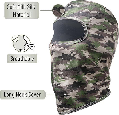 Camouflage full-face balaclava with oval eye opening and long neck cover