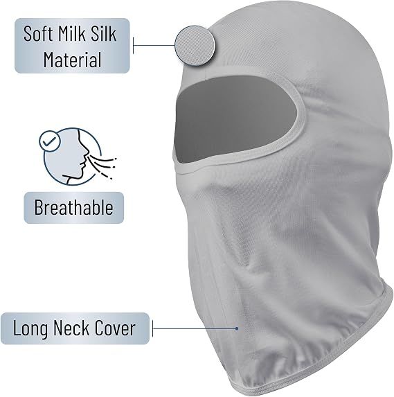Light gray breathable full-face balaclava with long neck cover and face opening.