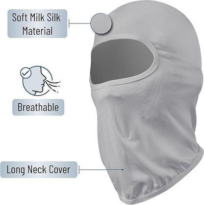 Light gray breathable full-face balaclava with long neck cover and face opening.