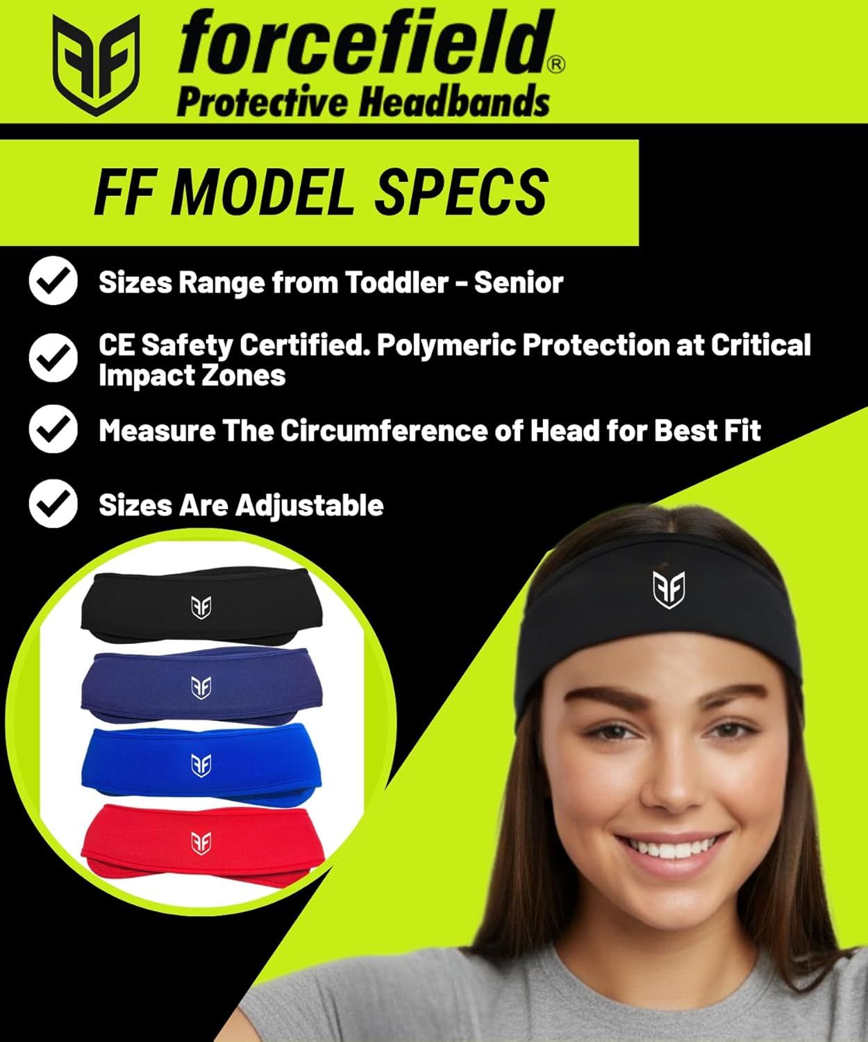 Forcefield protective headbands set in black, navy, red, and blue with PF logos