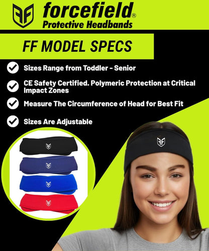 Forcefield protective headbands set in black, navy, red, and blue with PF logos