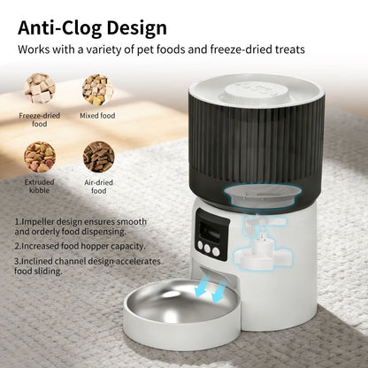Smart pet feeder with transparent food chamber and open stainless bowl