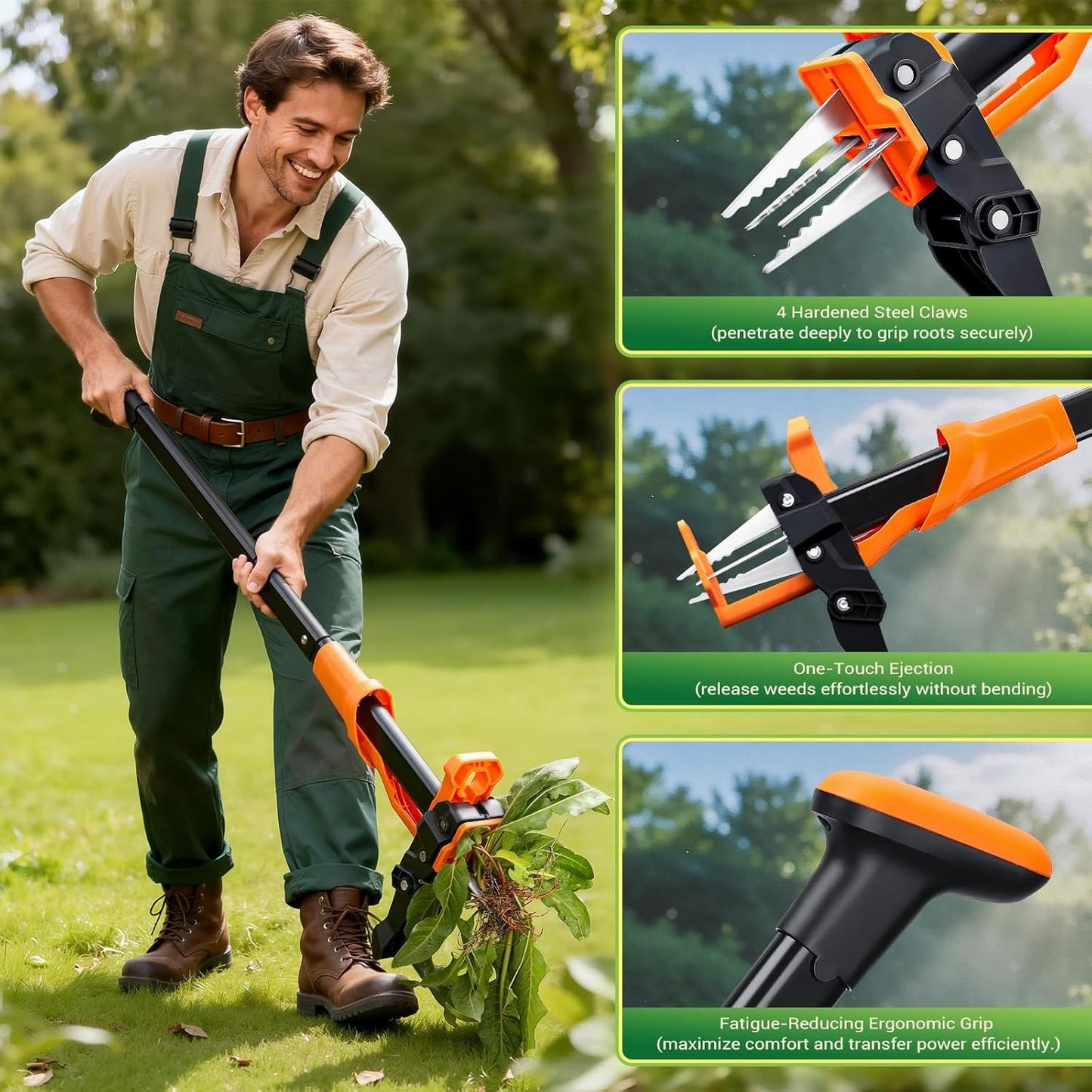 Orange long-handle stand-up weeding tool with four manganese-steel claws