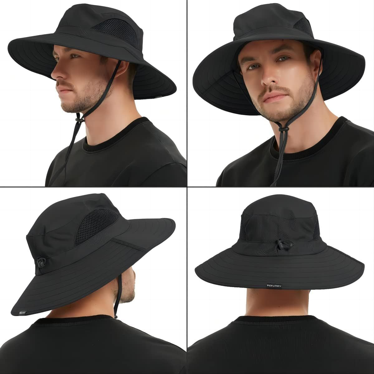 Black wide-brim bucket hat with mesh top and attached neck flap, multiple angles.