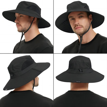 Black wide-brim bucket hat with mesh top and attached neck flap, multiple angles.