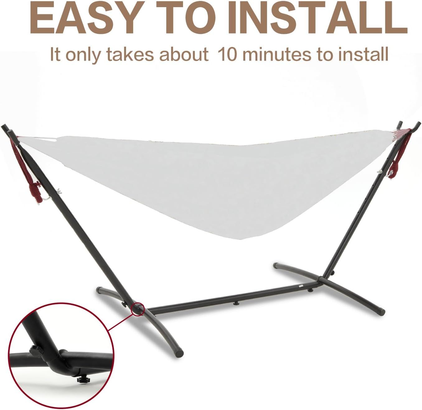 Double hammock with stand, black steel frame and gray fabric for two people