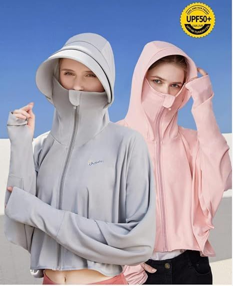 Women’s sun protective hooded jacket, light grey and pink, full zip front