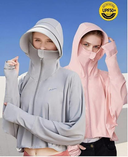 Women’s sun protective hooded jacket, light grey and pink, full zip front