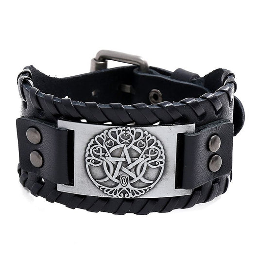 Men's black leather bracelet with braided strap and silver-tone round emblem clasp