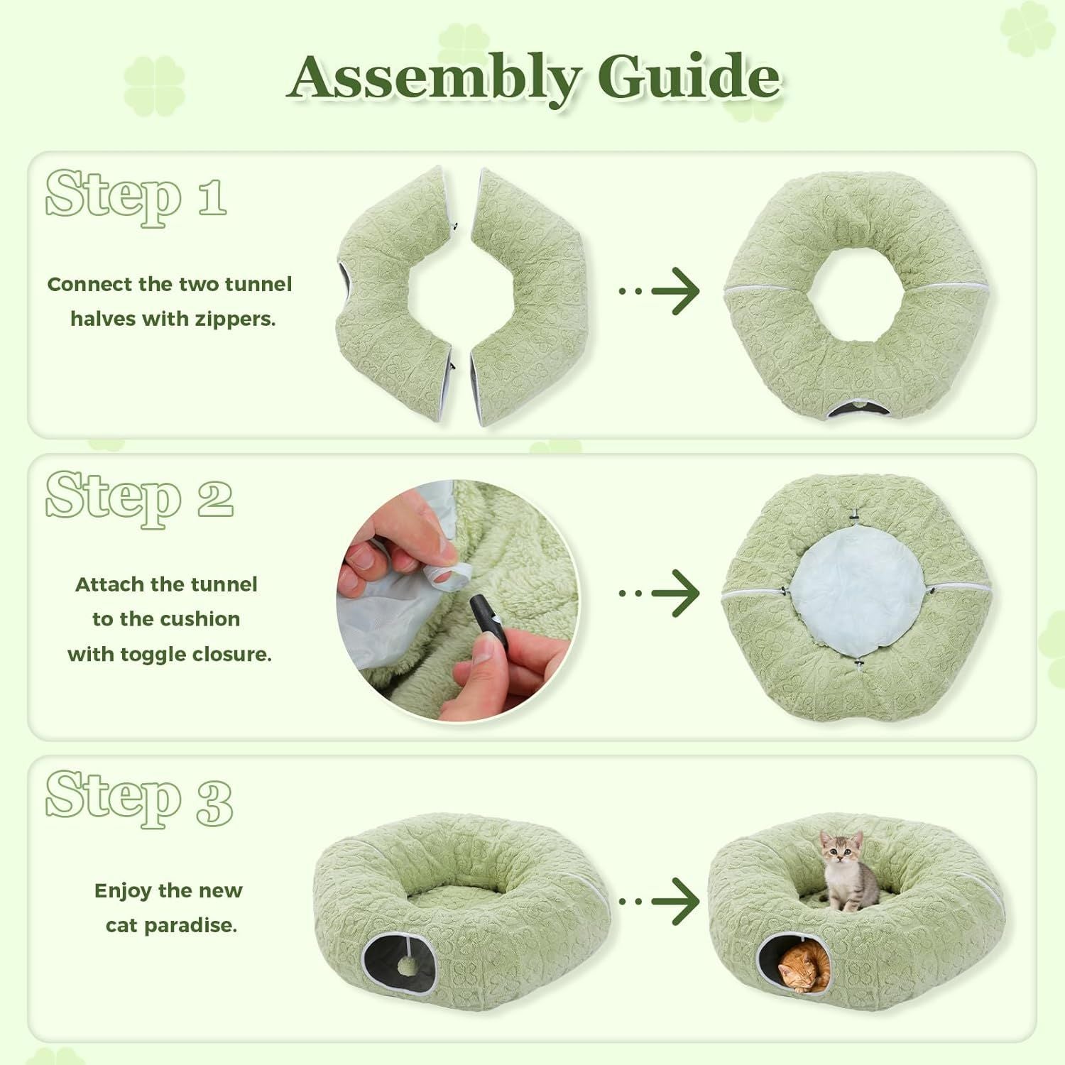 Light green donut-shaped cat play tunnel bed with round entrance opening and plush cushion.