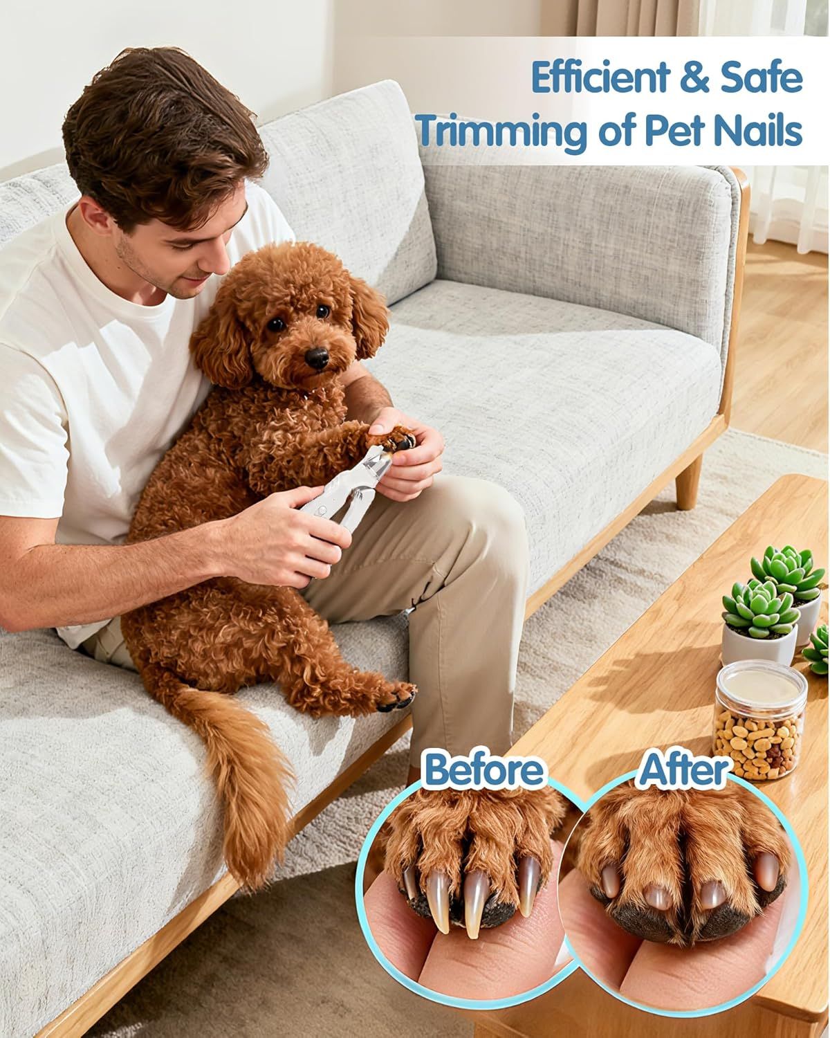 White pet nail clipper and grinder tool next to dog nails before-and-after (tool focus).