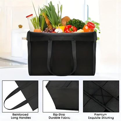 Black reusable shopping tote with wide base and reinforced carry handles