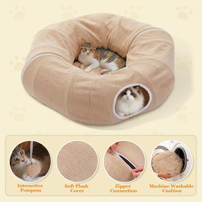 Beige donut cat tunnel bed with circular entrance opening and soft plush cushion.