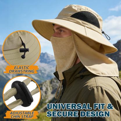 Beige wide-brim bucket hat with mesh crown, chin strap, and neck flap coverage.
