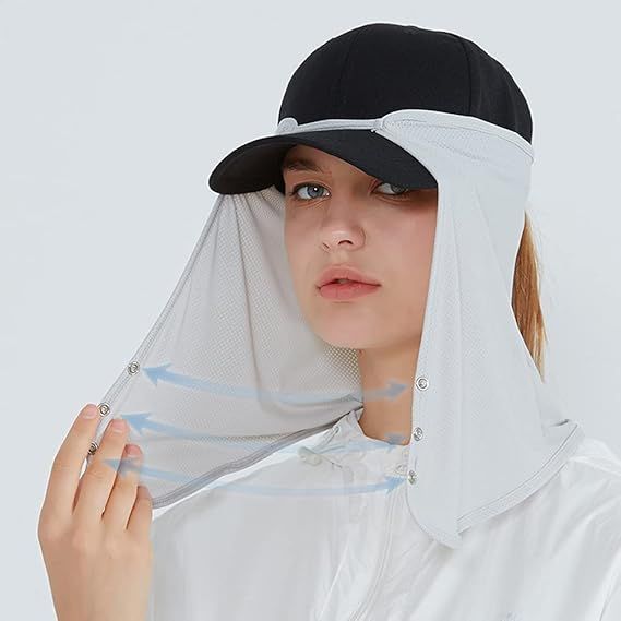 Black cap with white mesh neck shade face covering and button placket
