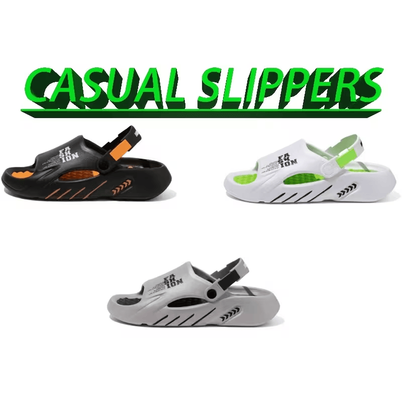 Platform clog slippers with back strap and hole design, black/orange and white/green