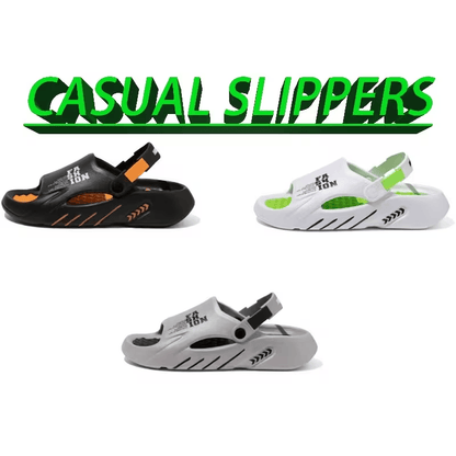 Platform clog slippers with back strap and hole design, black/orange and white/green