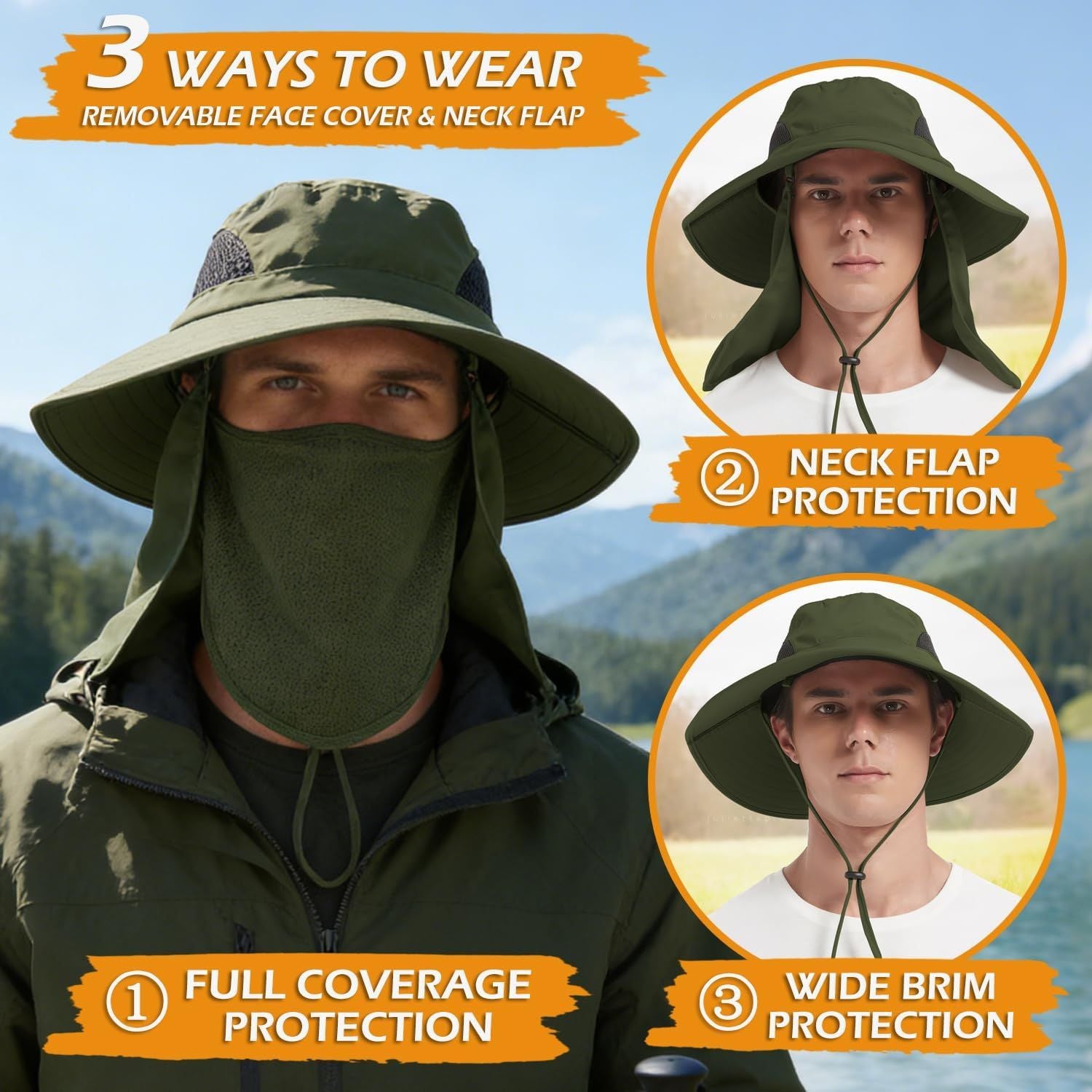 Army green bucket sun hat with wide brim and full neck flap face cover