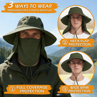 Army green bucket sun hat with wide brim and full neck flap face cover