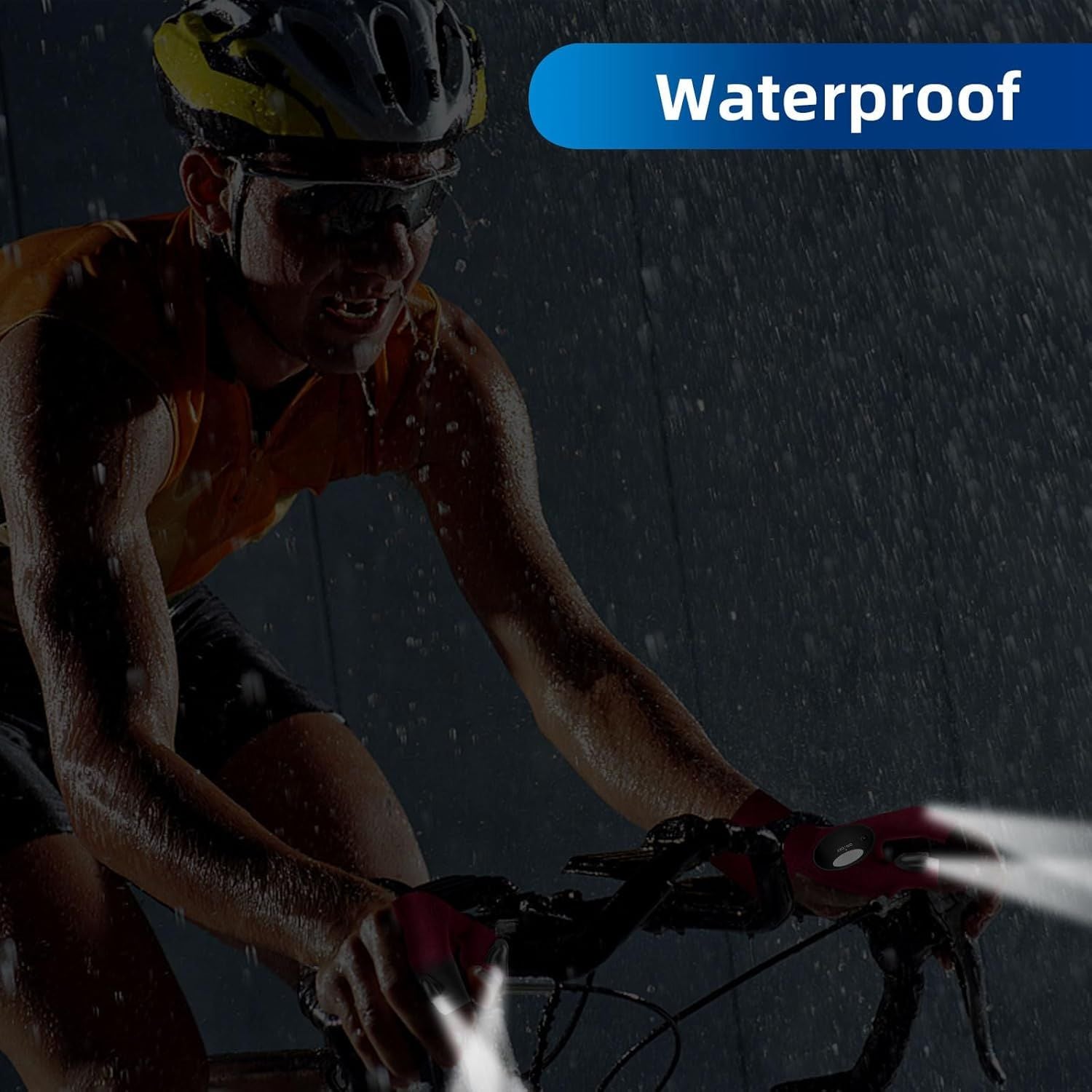 Red LED flashlight gloves with finger lights, hands gripping a bicycle handlebar