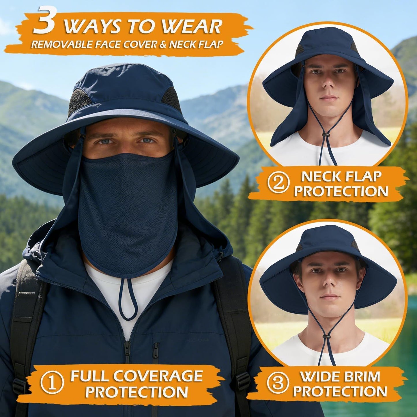 Dark navy wide-brim sun hat with attached neck flap and wide brim coverage.