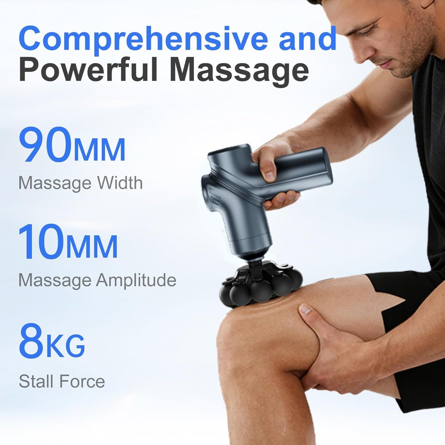 Blue massage gun with wide head attachment applied to a person's back