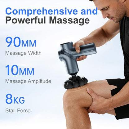 Blue massage gun with wide head attachment applied to a person's back