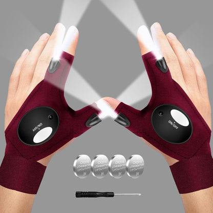 Wine red LED flashlight gloves with glowing finger tips and palm on/off light button