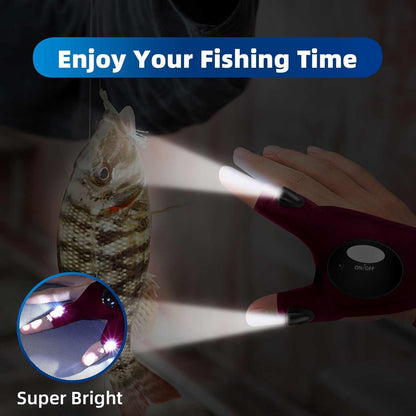 Wine red LED flashlight gloves with bright finger lights, hand holding a fishing line