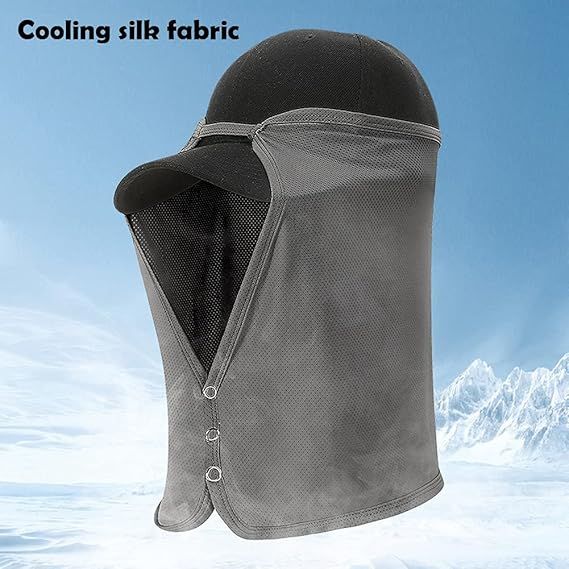 Dark cap with light grey mesh neck shade face covering and adjustable button placket