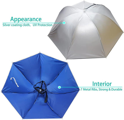 Blue and silver umbrella hat canopies with central head-mount strap.